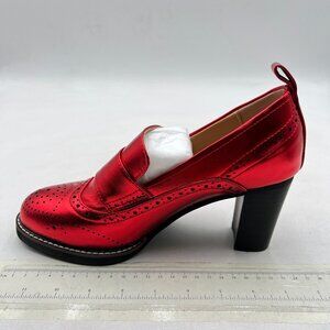 YDN Red Chunky High Heels Round Toe Oxford Loafer Dress Pump